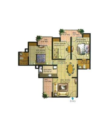 Floor plan of 2 BHK 1320 Sq. Ft. Apartment in Supertech Livingston, Ghaziabad