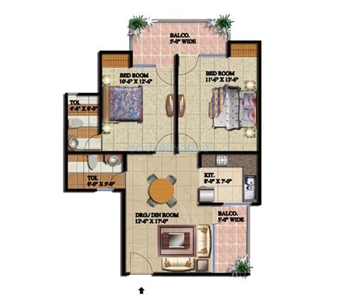 Floor plan of 2 BHK 850 Sq. Ft. Apartment in Supertech Livingston, Ghaziabad