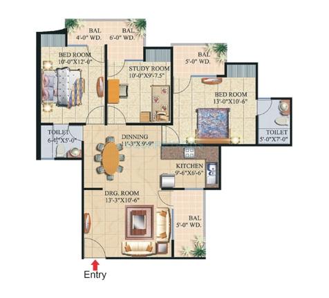 Floor plan of 2 BHK 1325 Sq. Ft. Apartment in Supertech Livingston, Ghaziabad