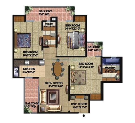 Floor plan of 3 BHK 1425 Sq. Ft. Apartment in Supertech Livingston, Ghaziabad