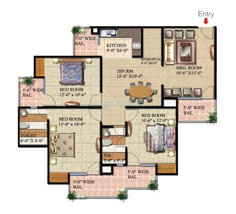 Floor plan of 3 BHK 1625 Sq. Ft. Apartment in Supertech Livingston, Ghaziabad