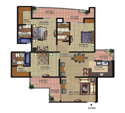 Floor plan of 3 BHK 1975 Sq. Ft. Apartment in Supertech Livingston, Ghaziabad