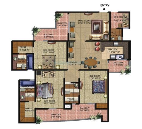 Floor plan of 3 BHK 2075 Sq. Ft. Apartment in Supertech Livingston, Ghaziabad