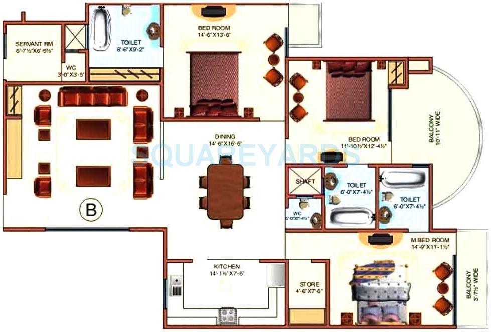 Floor plan of 3 BHK 2243 Sq. Ft. Apartment in Surya Kanishk Tower, Ghaziabad