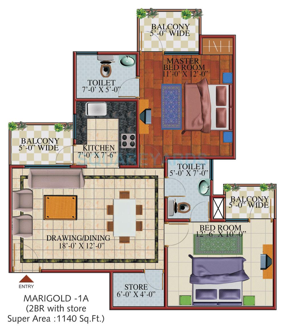 Floor plan of 2 BHK 1140 Sq. Ft. Apartment in SVP Gulmohur Garden, Ghaziabad