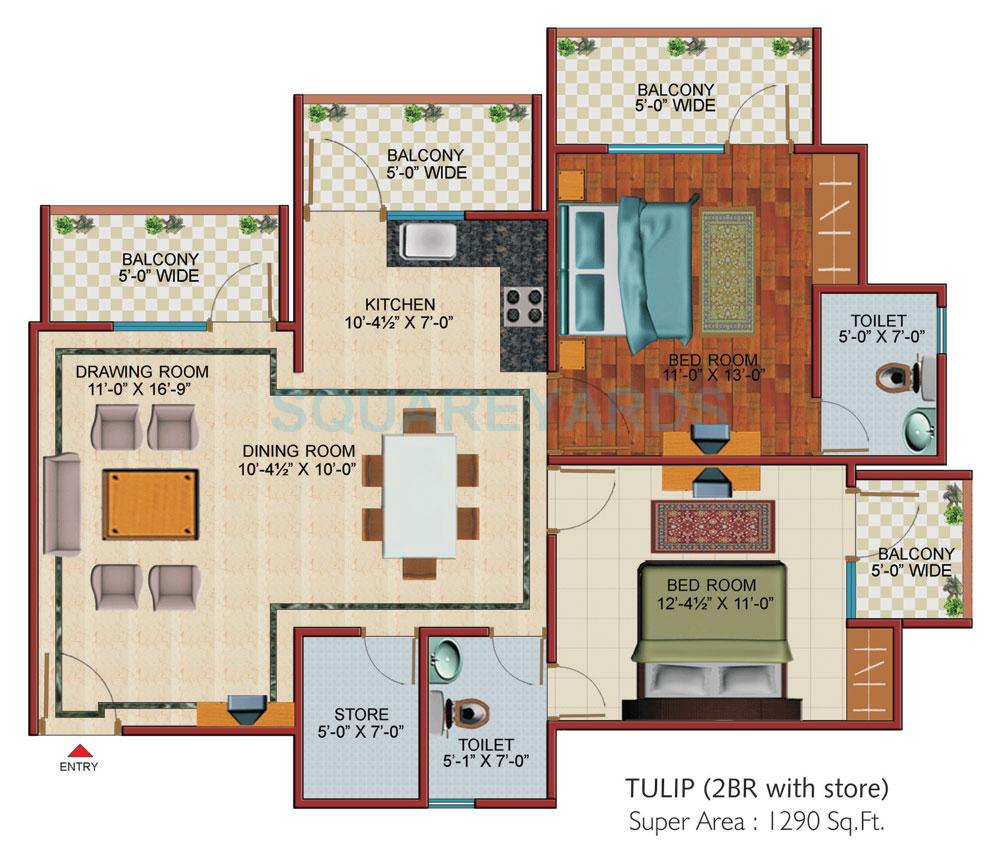 Floor plan of 2 BHK 1290 Sq. Ft. Apartment in SVP Gulmohur Garden, Ghaziabad