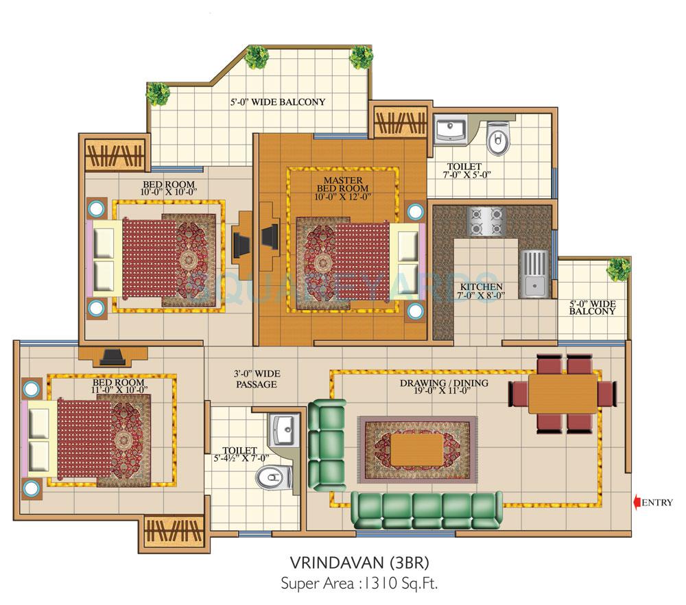Floor plan of 3 BHK 1310 Sq. Ft. Apartment in SVP Gulmohur Garden, Ghaziabad