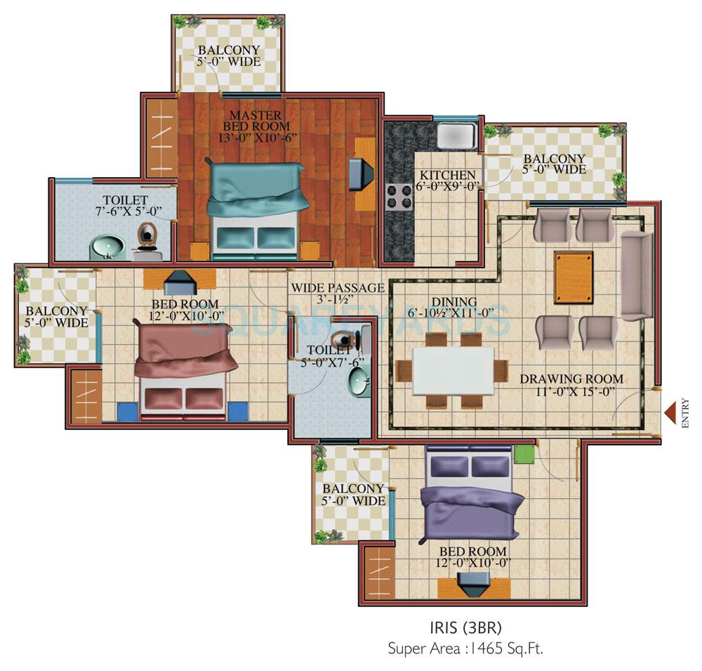 Floor plan of 3 BHK 1465 Sq. Ft. Apartment in SVP Gulmohur Garden, Ghaziabad