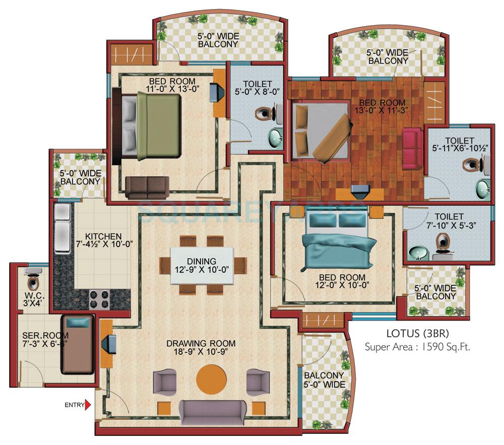 Floor plan of 3 BHK 1590 Sq. Ft. Apartment in SVP Gulmohur Garden, Ghaziabad