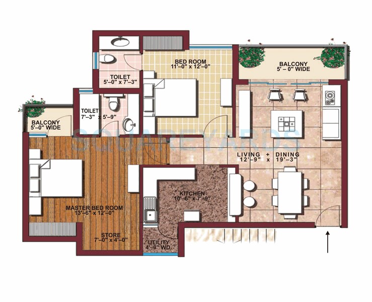 Floor plan of 2 BHK Apartment - 1280 sq. ft. in SVP Gulmohur Greens, Ghaziabad