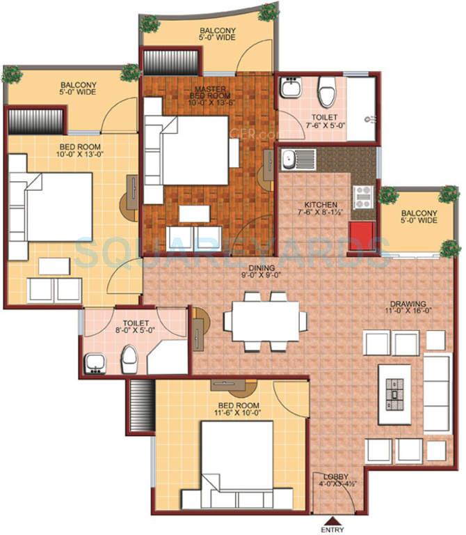 Floor plan of 3 BHK Apartment - 1370 sq. ft. in SVP Gulmohur Greens, Ghaziabad