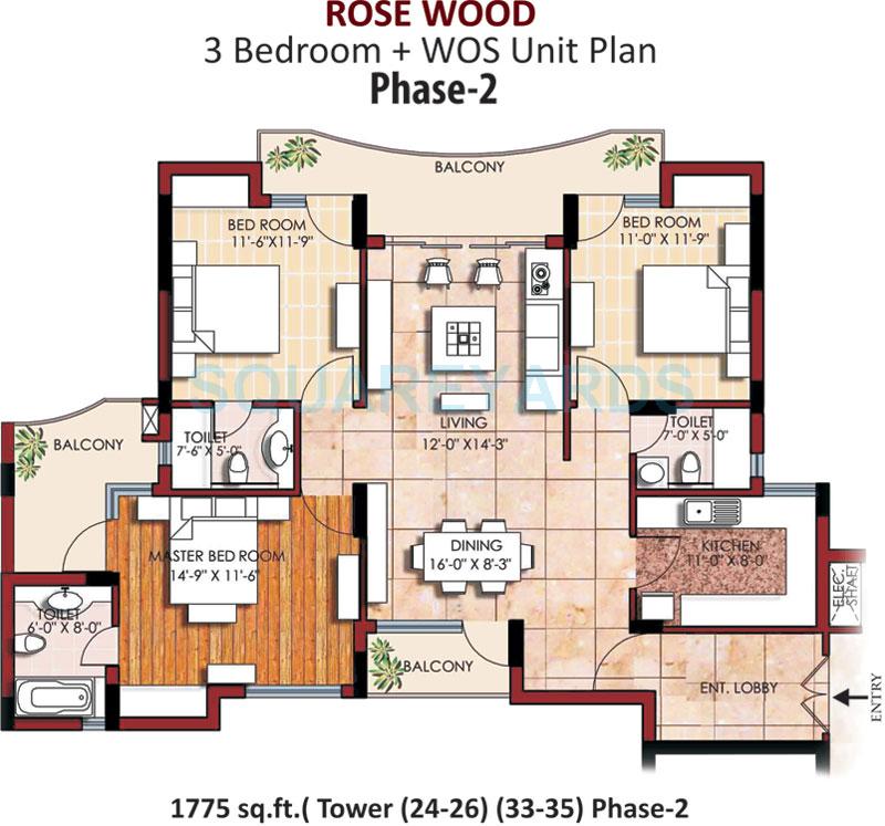 Floor plan of 3 BHK Apartment - 1635 sq. ft. in SVP Gulmohur Greens, Ghaziabad
