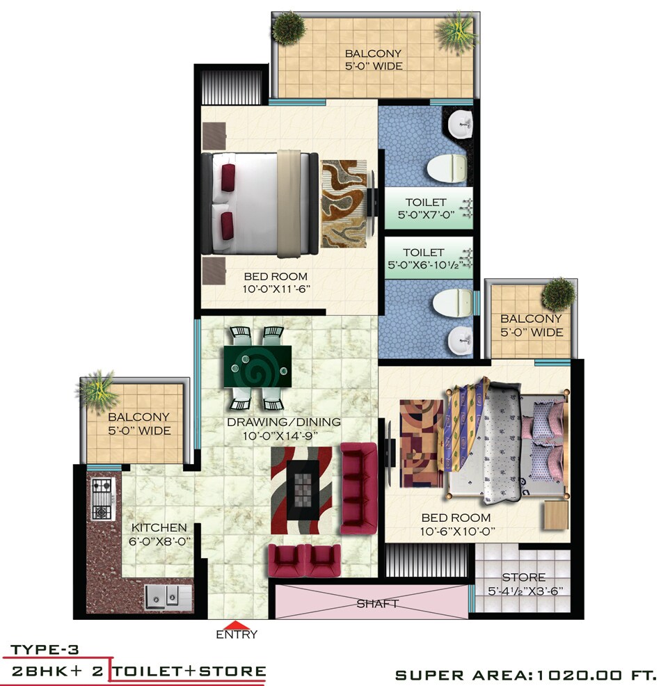 Floor plan of 2 BHK 1020 Sq. Ft. Apartment in SVP Gulmohur Vatika, Ghaziabad