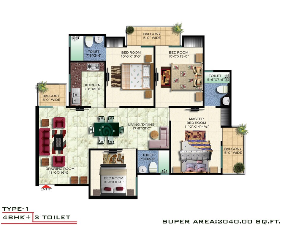 Floor plan of 4 BHK 2040 Sq. Ft. Apartment in SVP Gulmohur Vatika, Ghaziabad