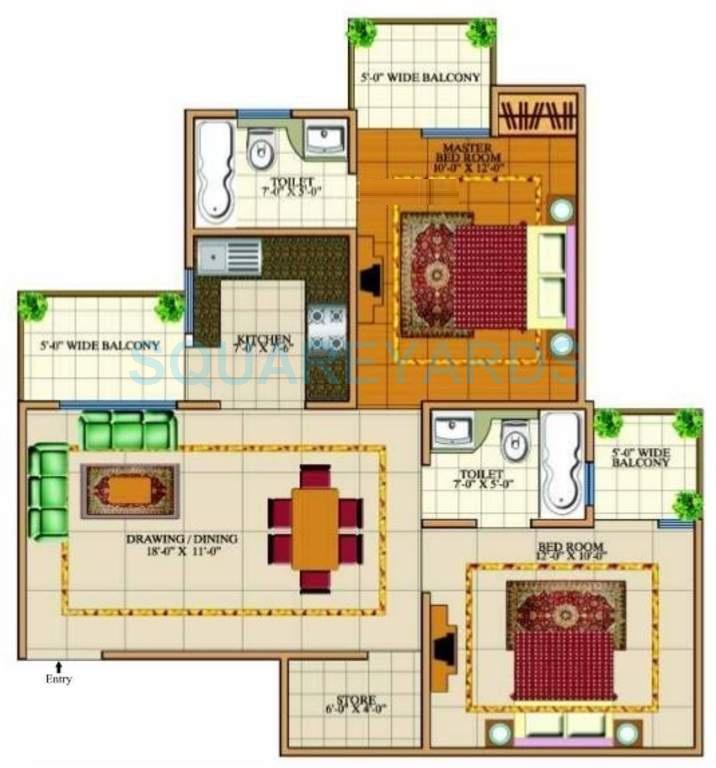 Floor plan of 2 BHK 1000 Sq. Ft. Apartment in SVP Krishna Garden, Ghaziabad