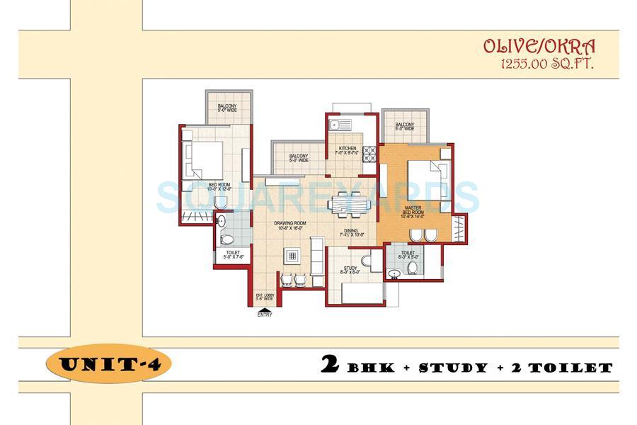 Floor plan of 2 BHK 1255 Sq. Ft. Apartment in SVP Gulmohur Residency, Ghaziabad
