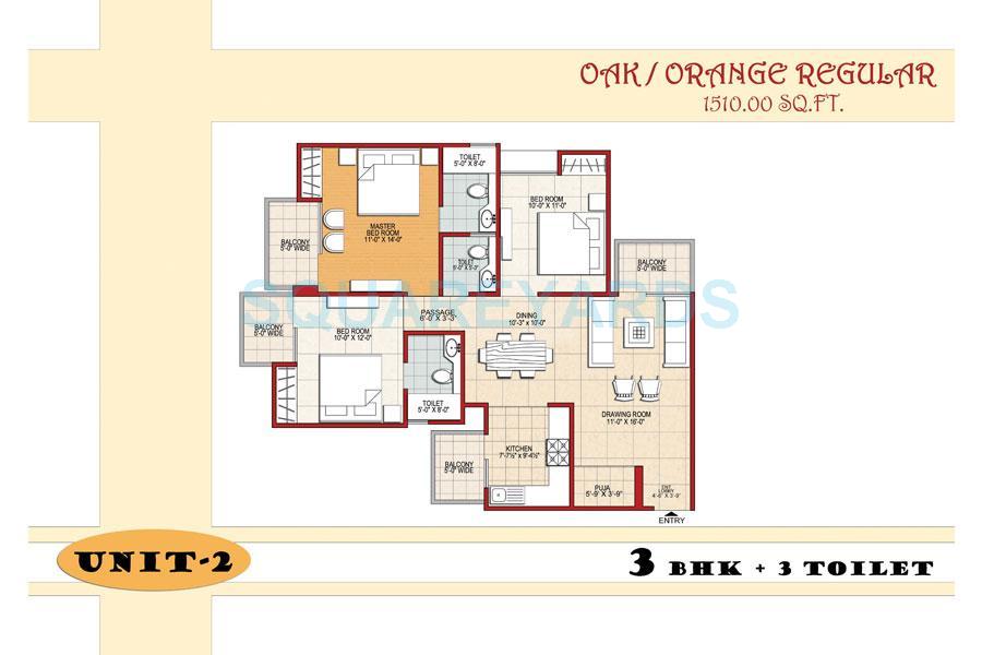 Floor plan of 3 BHK 1510 Sq. Ft. Apartment in SVP Gulmohur Residency, Ghaziabad