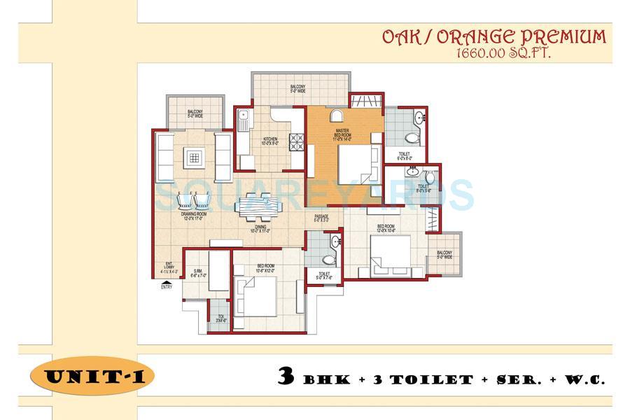 Floor plan of 3 BHK 1660 Sq. Ft. Apartment in SVP Gulmohur Residency, Ghaziabad