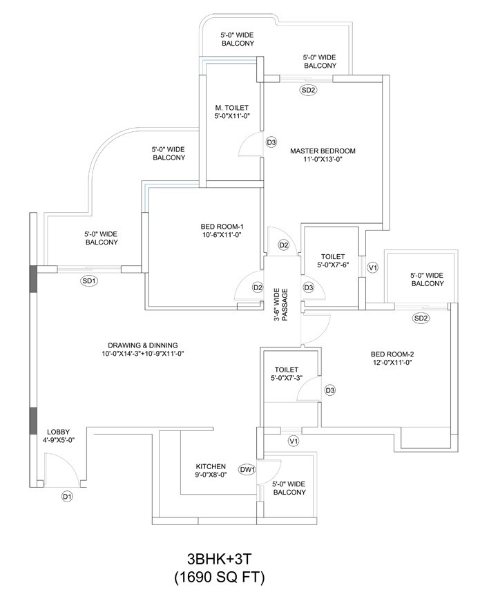 Floor plan of 3 BHK 1690 Sq. Ft. Apartment in T And T Digitown Phase 1, Ghaziabad