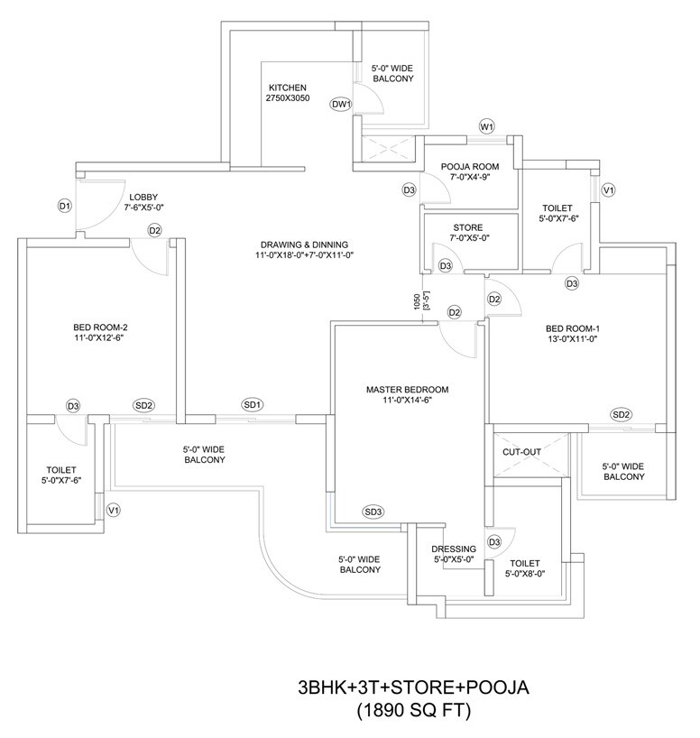 Floor plan of 3 BHK 1890 Sq. Ft. Apartment in T And T Digitown Phase 1, Ghaziabad