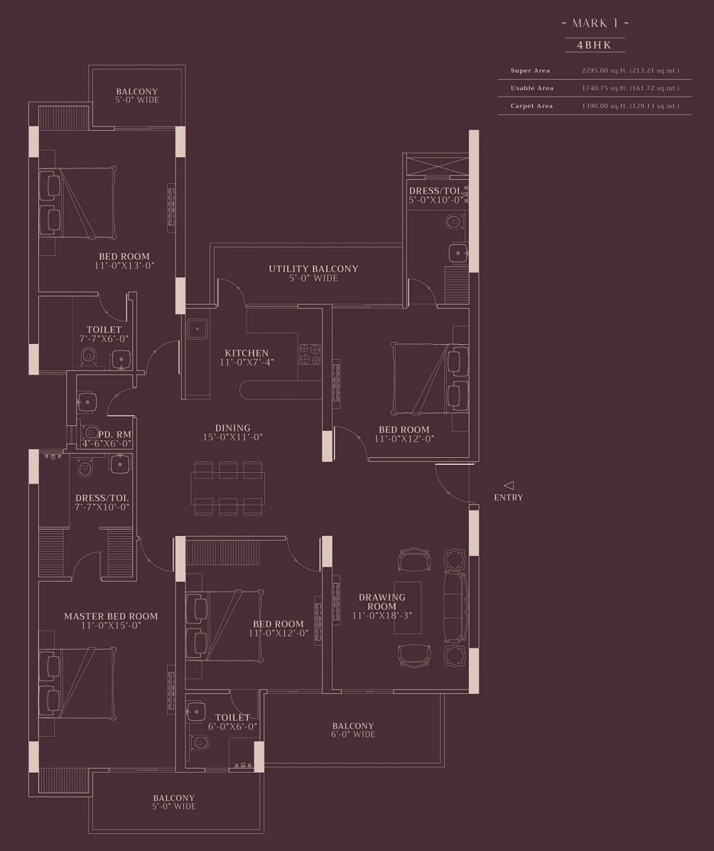 Floor plan of 4 BHK 2295 Sq. Ft. Apartment in T And T Eutopia Phase 1, Ghaziabad