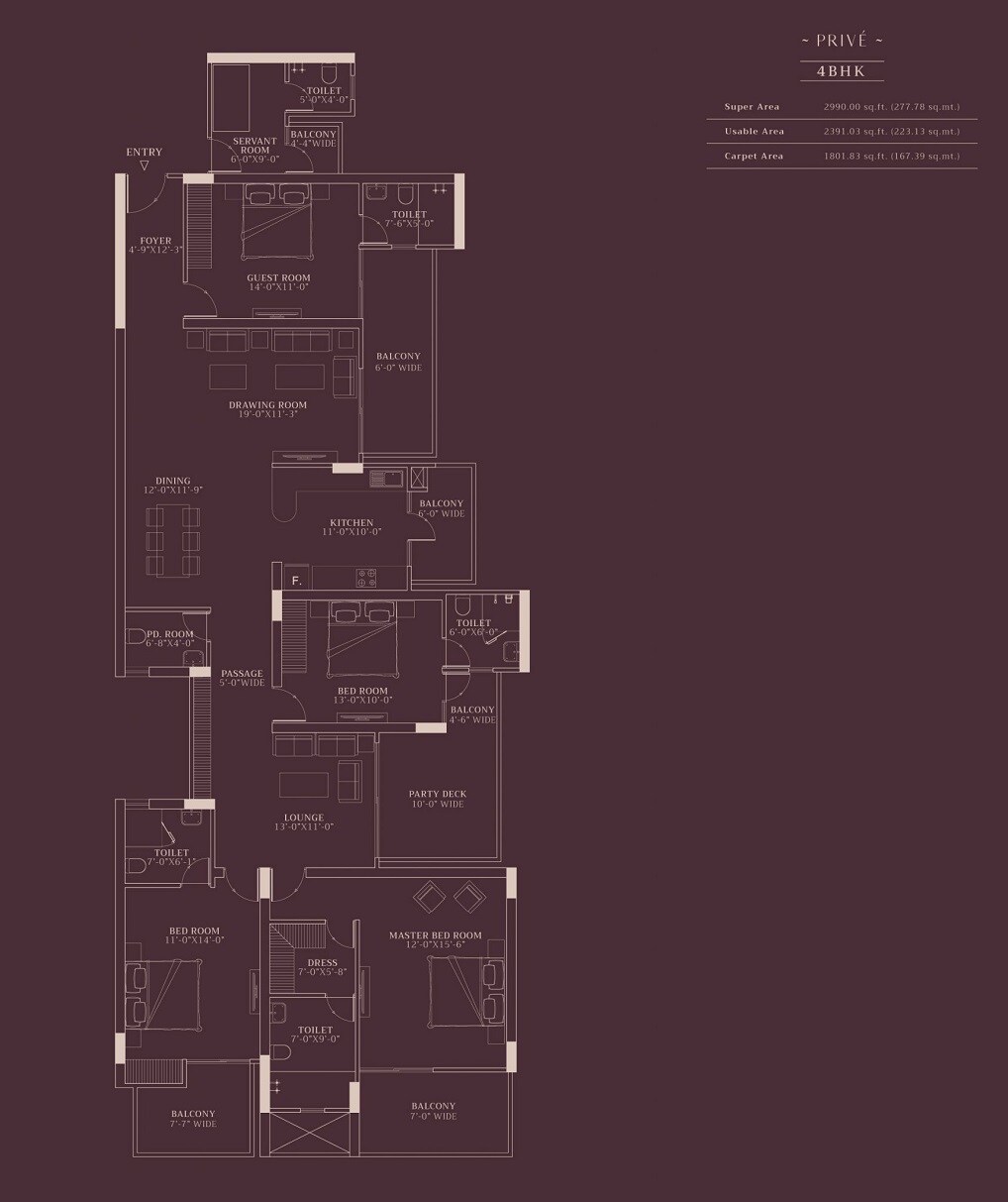 Floor plan of 4 BHK 2990 Sq. Ft. Apartment in T And T Eutopia Phase 1, Ghaziabad