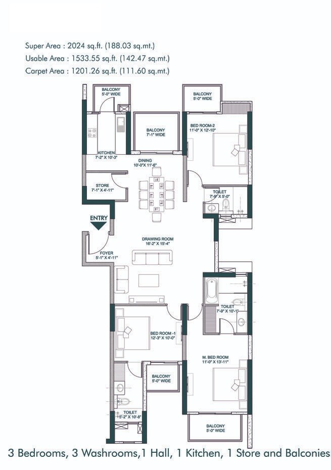 Floor plan of 3 BHK 2024 Sq. Ft. Apartment in T And T The Blue, Ghaziabad