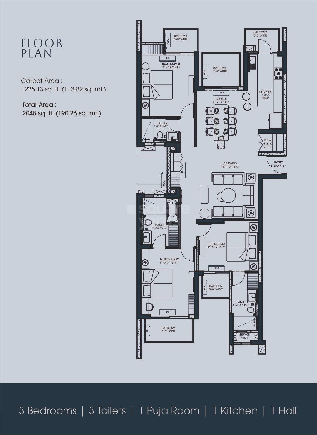 Floor plan of 3 BHK 2048 Sq. Ft. Apartment in T And T The Blue, Ghaziabad
