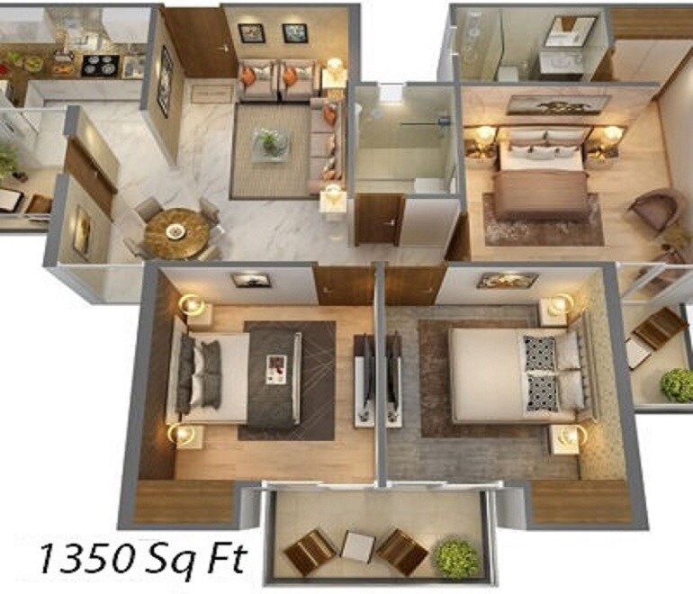 Floor plan of 3 BHK 1350 Sq. Ft. Apartment in T Homes Phase 1, Ghaziabad