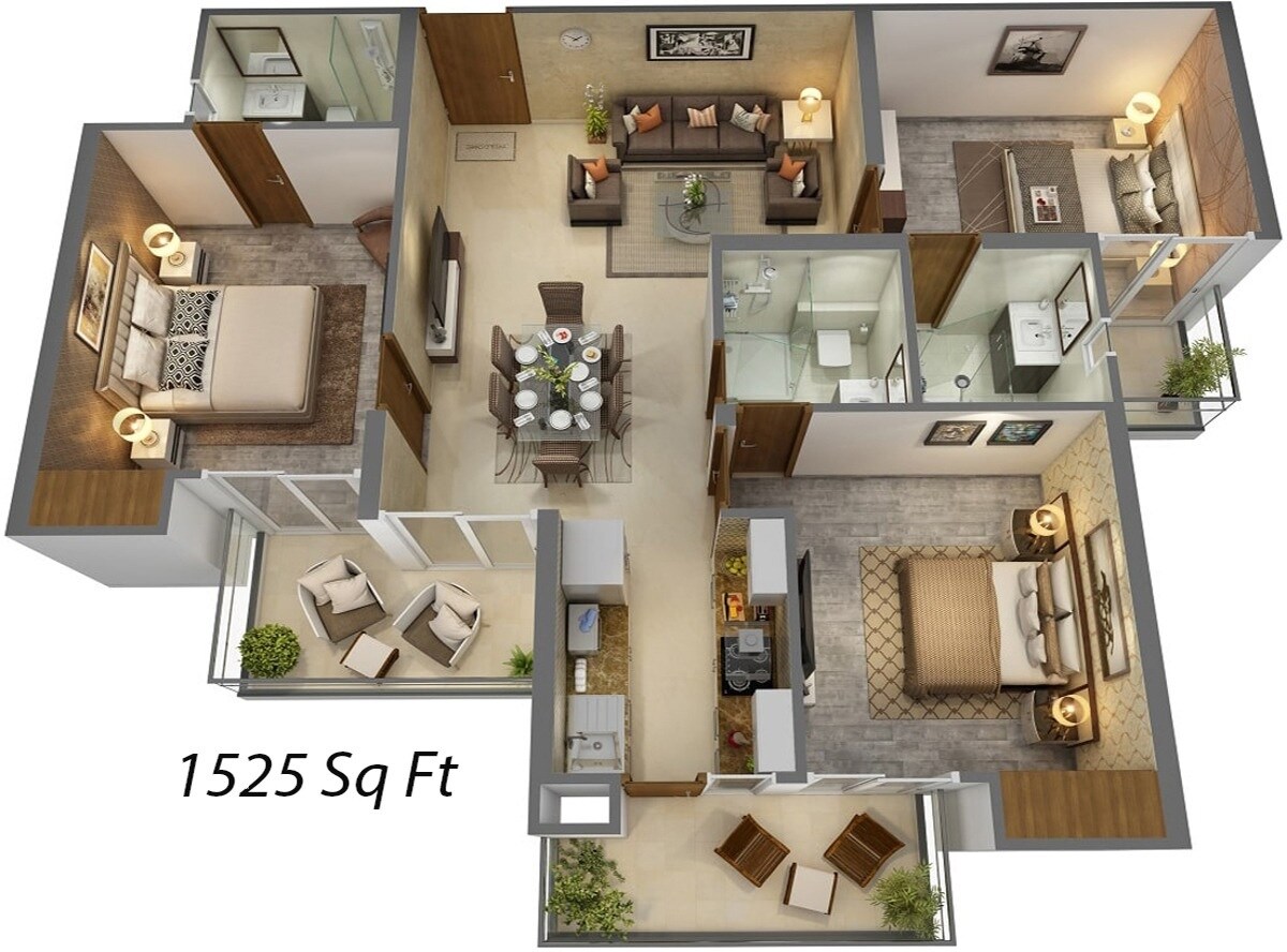 Floor plan of 3 BHK 1525 Sq. Ft. Apartment in T Homes Phase 1, Ghaziabad