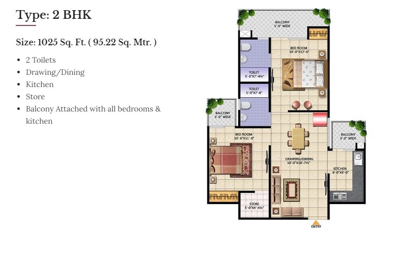 2 BHK 1025 Sq. Ft. Apartment