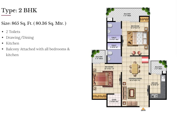 2 BHK 865 Sq. Ft. Apartment in Techman Moti City