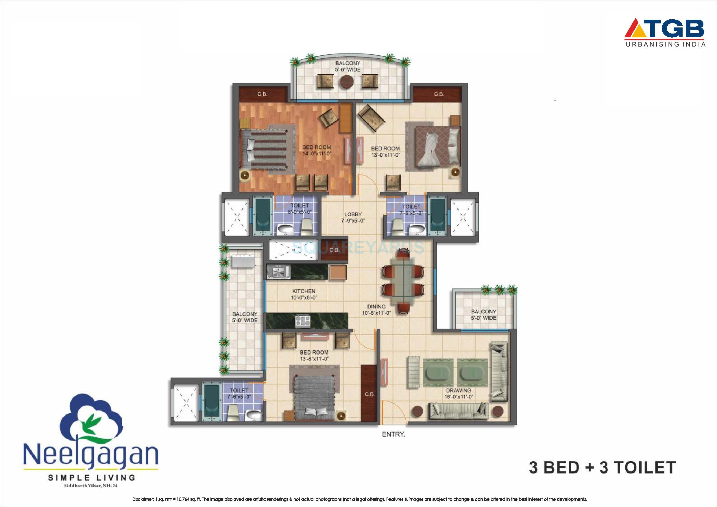 Floor plan of 3 BHK 1650 Sq. Ft. Apartment in TGB Neelgagan, Ghaziabad