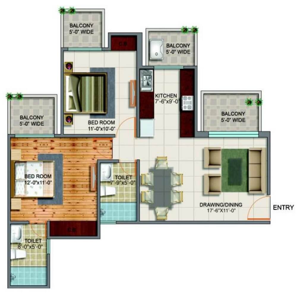 Floor plan of 2 BHK 1280 Sq. Ft. Apartment in Truvae Fragrance, Ghaziabad
