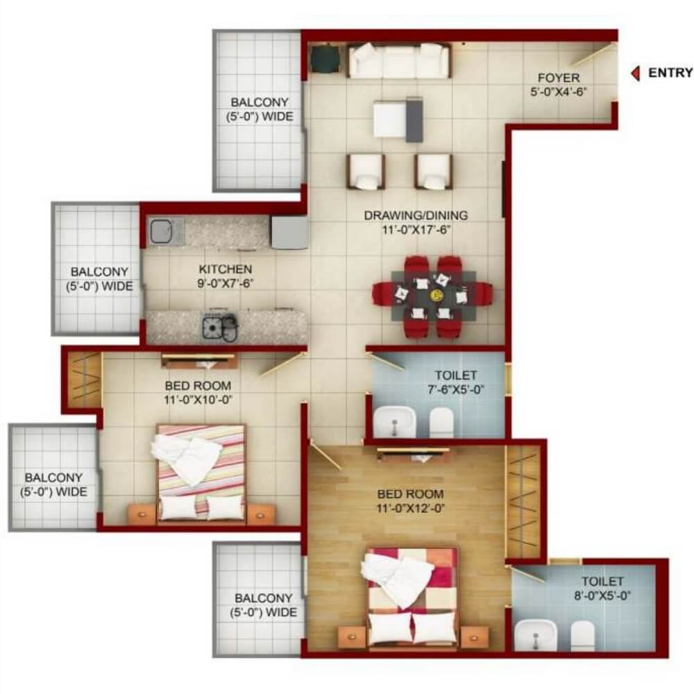 Floor plan of 2 BHK 1105 Sq. Ft. Apartment in Truvae Fragrance, Ghaziabad
