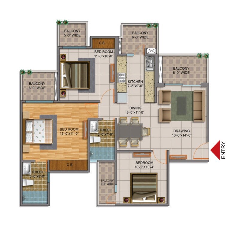 Floor plan of 2 BHK 1350 Sq. Ft. Apartment in Truvae Fragrance, Ghaziabad
