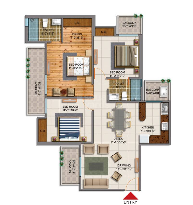 Floor plan of 3 BHK 1525 Sq. Ft. Apartment in Truvae Fragrance, Ghaziabad