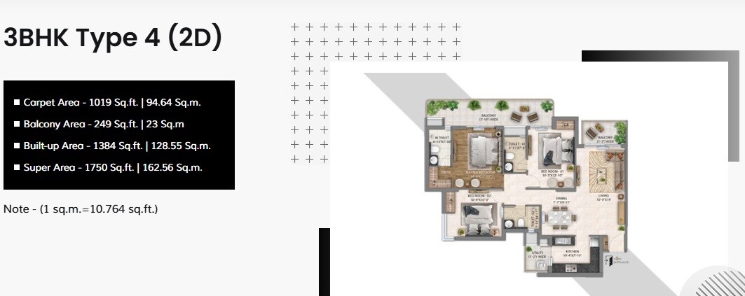 Floor plan of 3 BHK 1750 Sq. Ft. Apartment in Uchdpl Eden, Ghaziabad