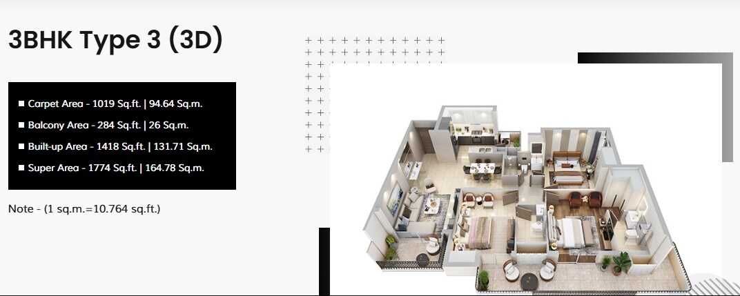 Floor plan of 3 BHK 1774 Sq. Ft. Apartment in Uchdpl Eden, Ghaziabad