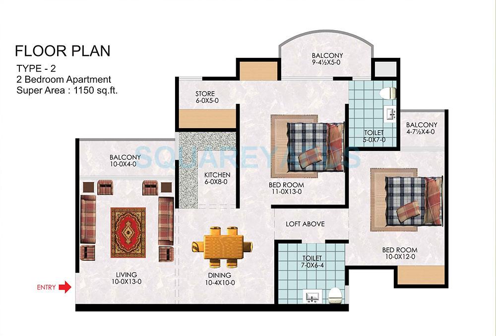 Floor plan of 2 BHK 1150 Sq. Ft. Apartment in Unibera Sanskriti Apartments, Ghaziabad