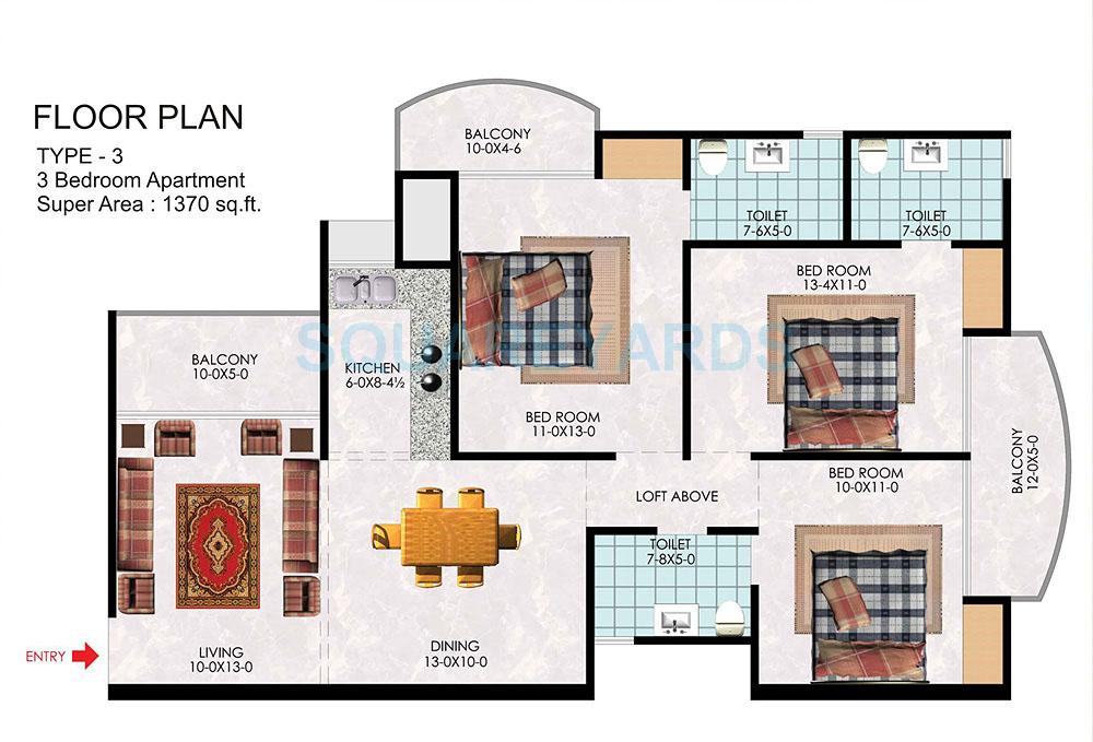Floor plan of 3 BHK 1370 Sq. Ft. Apartment in Unibera Sanskriti Apartments, Ghaziabad
