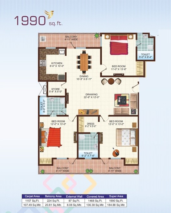 Floor plan of 3 BHK 1990 Sq. Ft. Apartment in Uninav Bliss, Ghaziabad