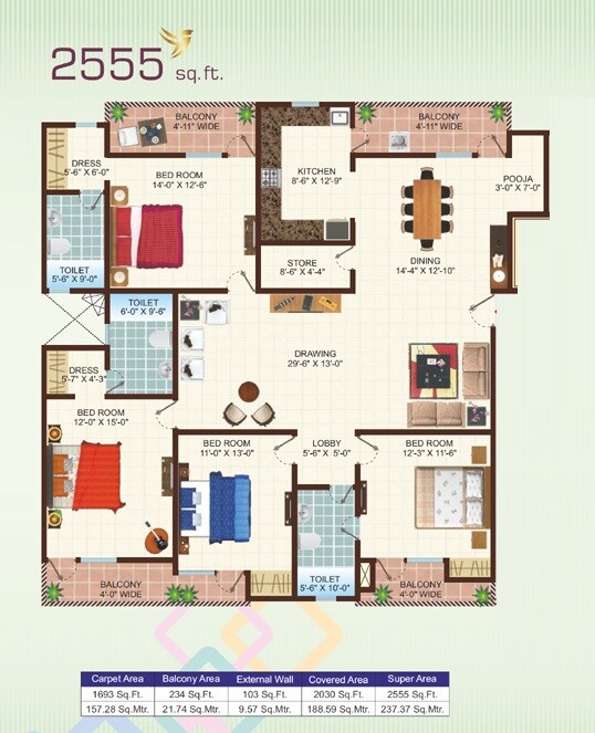 Floor plan of 4 BHK 2555 Sq. Ft. Apartment in Uninav Bliss, Ghaziabad