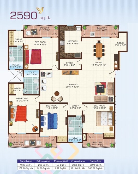 Floor plan of 4 BHK 2590 Sq. Ft. Apartment in Uninav Bliss, Ghaziabad