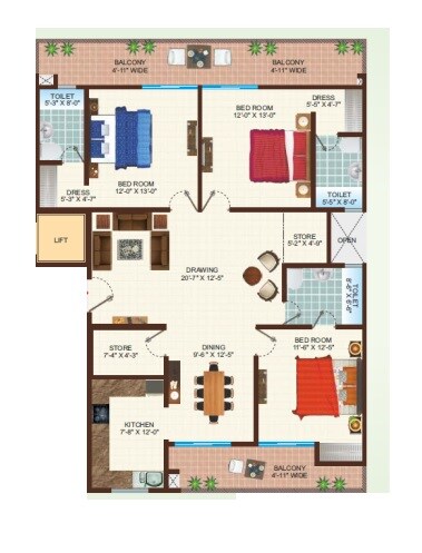 Floor plan of 3 BHK 2090 Sq. Ft. Apartment in Uninav Eden, Ghaziabad