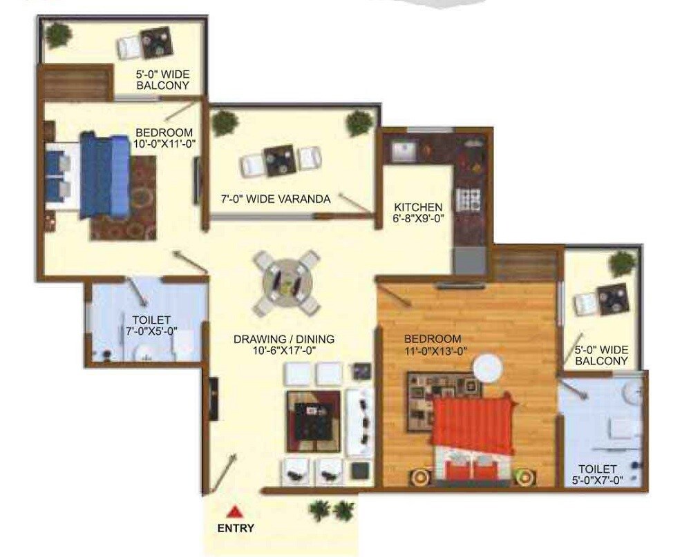 Floor plan of 2 BHK 1095 Sq. Ft. Apartment in Uninav Heights Phase II, Ghaziabad