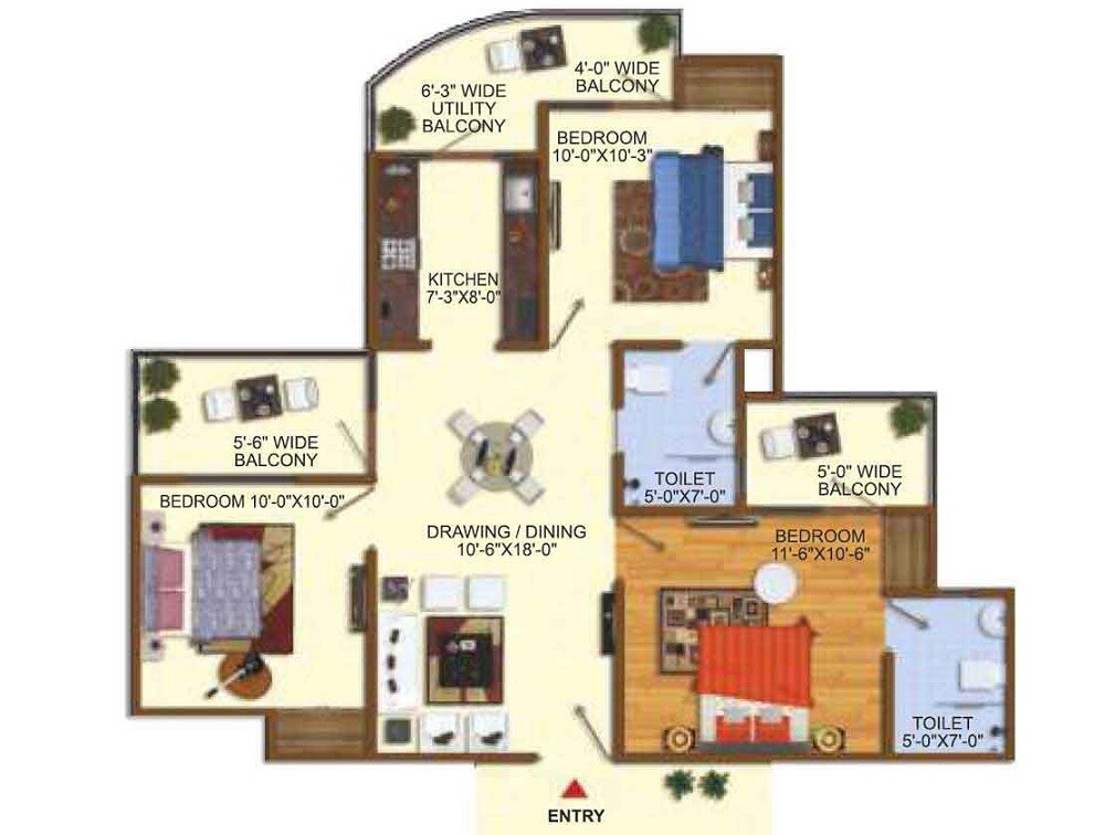 Floor plan of 3 BHK 1235 Sq. Ft. Apartment in Uninav Heights Phase II, Ghaziabad