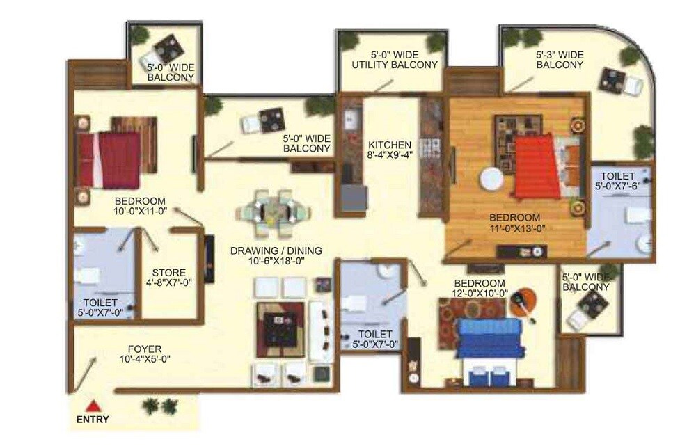 Floor plan of 3 BHK 1640 Sq. Ft. Apartment in Uninav Heights Phase II, Ghaziabad