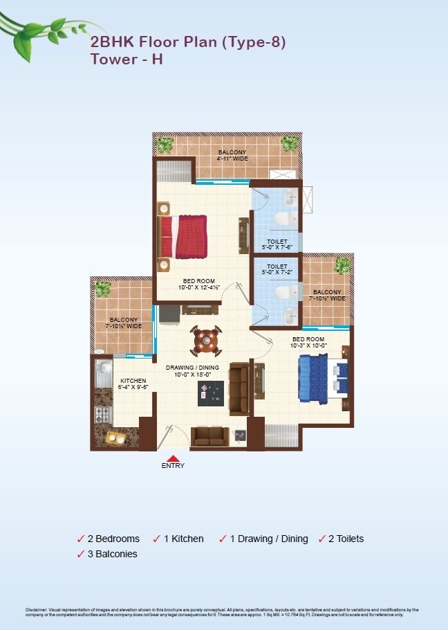 Floor plan of 2 BHK 1060 Sq. Ft. Apartment in Uninav Residena, Ghaziabad