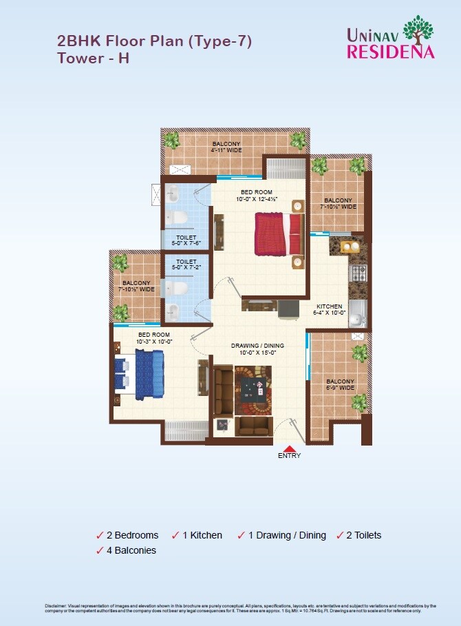 Floor plan of 2 BHK 1115 Sq. Ft. Apartment in Uninav Residena, Ghaziabad
